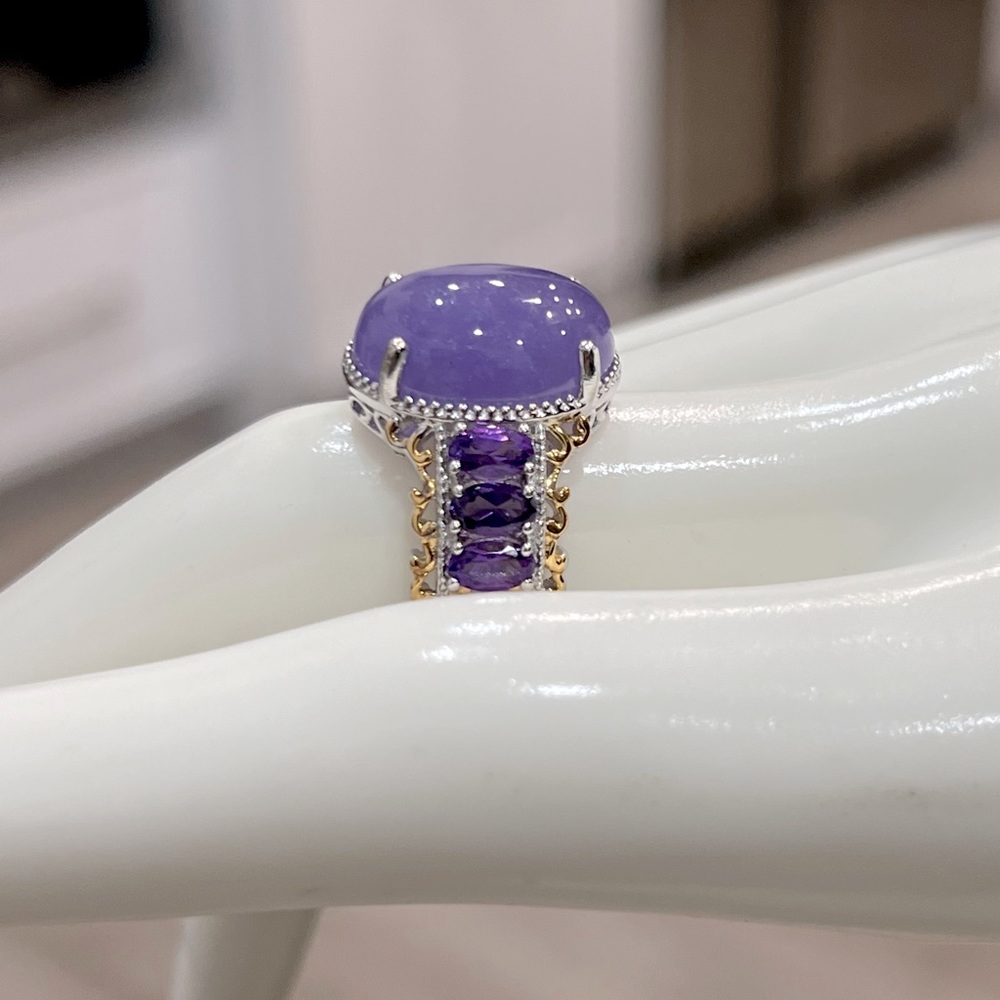 Burmese Purple Jade Amethyst 14K YG Sterling Silver Statement Ring - Picture 6 of 11